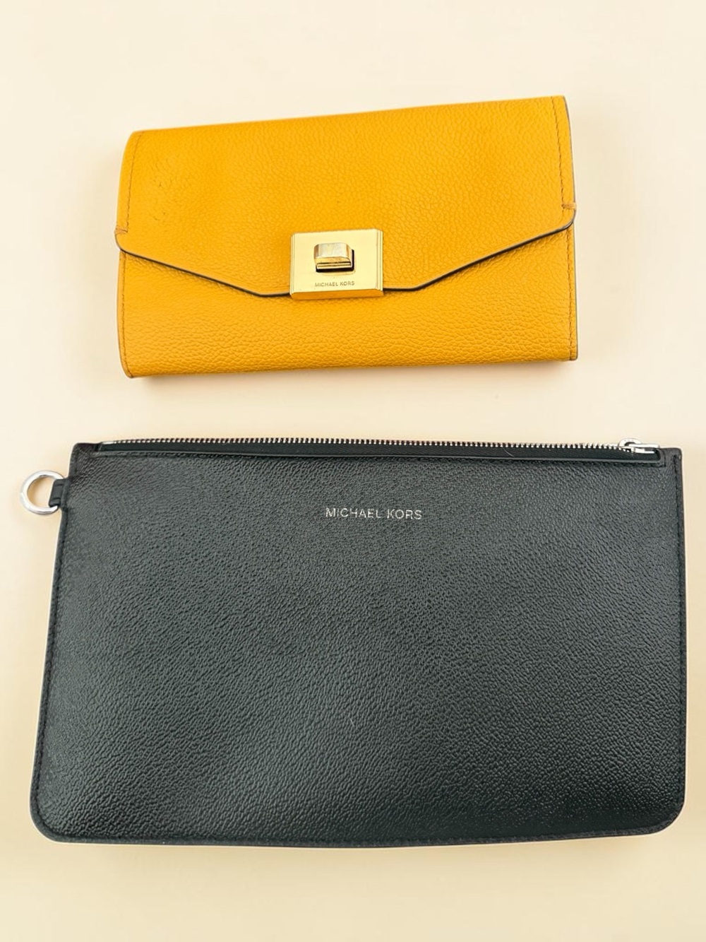 Michael Kors Two‑Piece Set • Yellow Envelope Wallet + Black Pebbled Zip Pouch